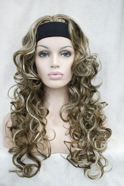 Cute 3 4 Wig With Headband Light Brown With Blonde Highlight