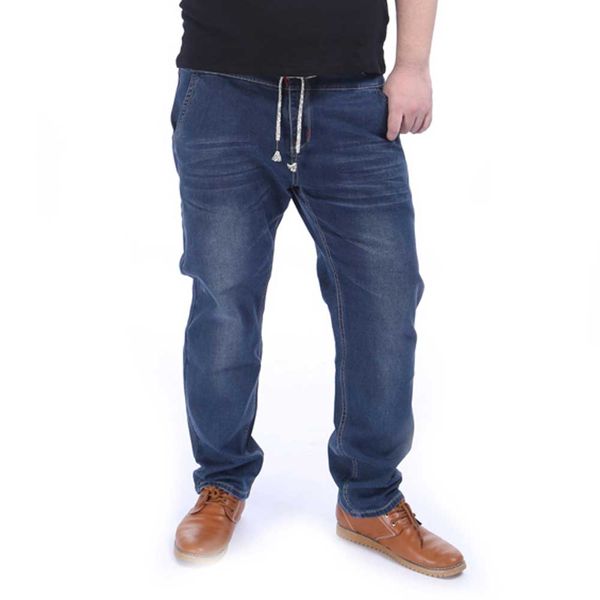 

men's elastic waist straight jeans stretch denim pants trousers handmade large plus size 2xl-5xl, Blue