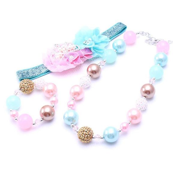 Set Festa de aniversário + Azul Rosa Cor NecklaceBracelet Headband 3PCS presente Toddlers Meninas Bubblegum Colar Chunky Criança Jóias