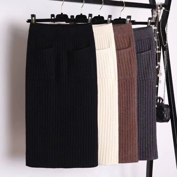 

olome 2020 knitting bust female new winter one pace skirt split yarn satchel hip skirt of tall waist skirt, Black