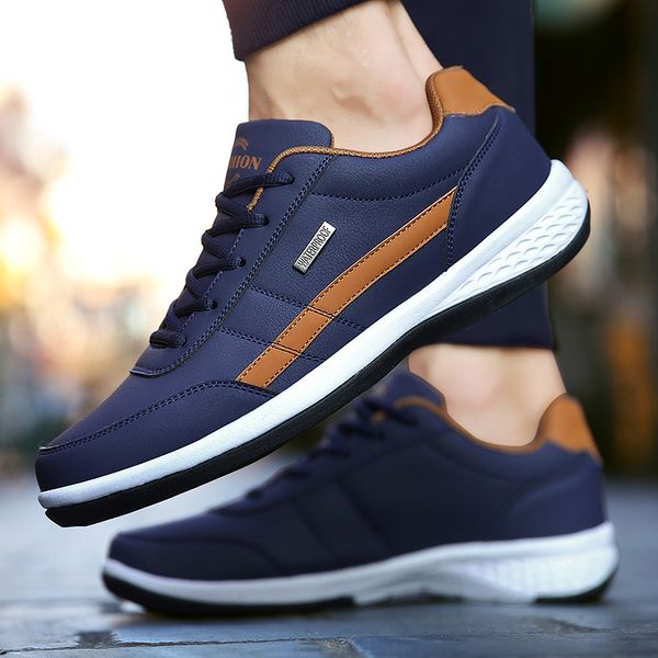 

2020 men fashion leather sneakers spring autumn casual men loafers outdoor lace up walking shoes comfortable flats shoes, Black