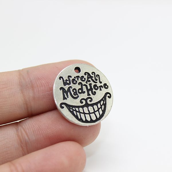 

25pcs/ 20mm antique silver tone we're all mad here charms pendant alice in wonderland cheshire cat grin pendants