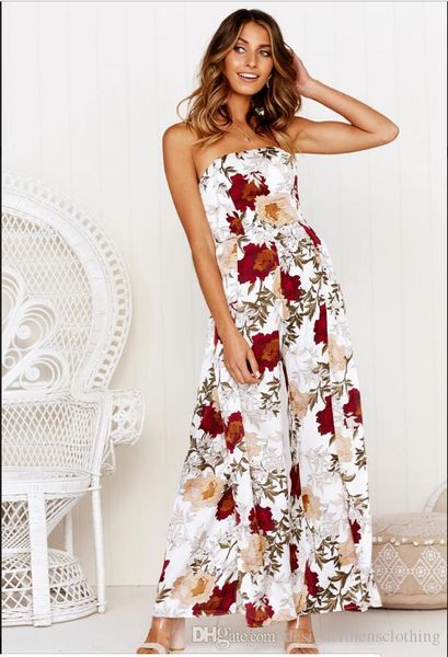 

summer floral printed jumpsuits strapless sleeveless backless rompers fashion ladies full length apparel, Black;white