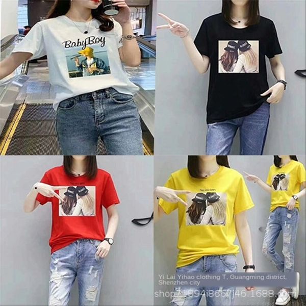 

women's dress 1688 2019 short-sleeved female student women's t-shirt dress 1688 2019 short-sleeved t-shirt female student top, White