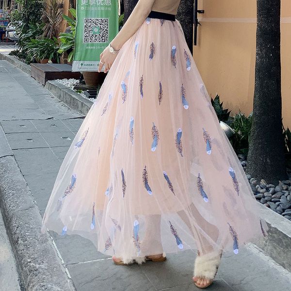 

spring summer embroidery mesh tulle skirt women long lace high waist skirt female faldas elastic streetwear casual q1403, Black