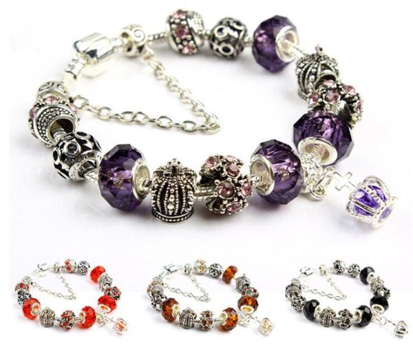 Black Pandor Armbänder für Frauen Royal Crown Armband Purple Crystal Beads Die Jewelry 18 19 20 21 cm Bettelarmband 925.