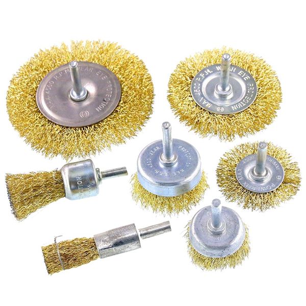 

bhts-7pcs brass coated wire brush wheel&cup brush set with 1/4-inch shank,7 sizes coated wire drill set perfect for remova