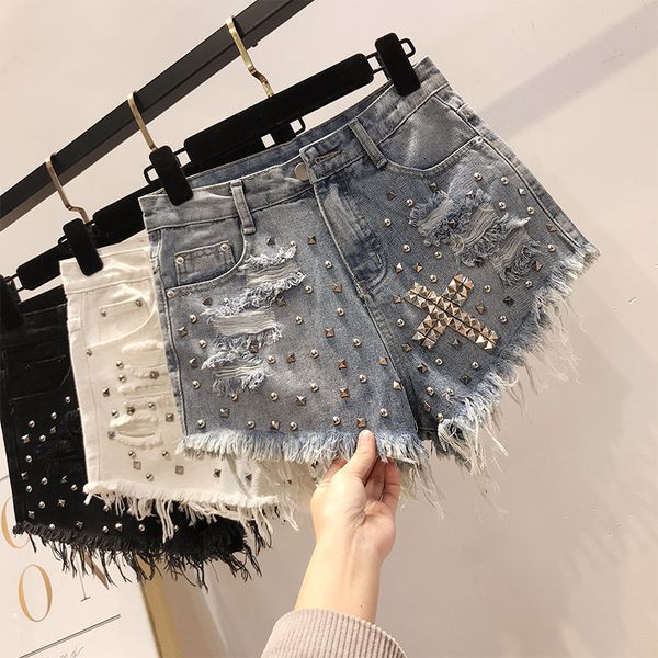 

white shorts women korean popular fashion holes denim shorts retro high waist rivets short punk cool black, White;black