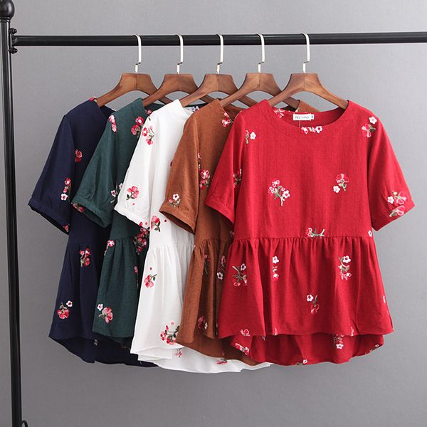 

f5 large size dress 2018 summer fat mm loose-fit slimming cotton linen joint embroidery half sleeve round neckline t-shirt 1817, Red
