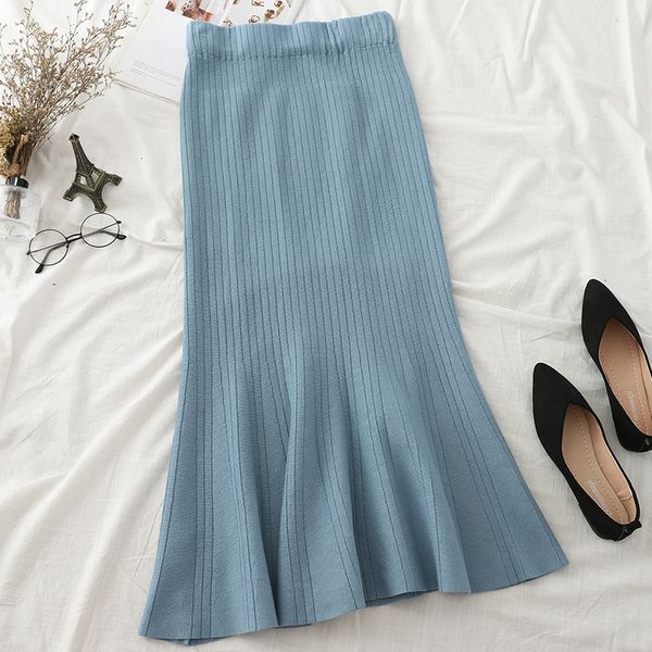 

singrain women knitted trumpet skirts warm chic long sweater skirts knit bottoms mermaid knitting midi skirts winter, Black;gray