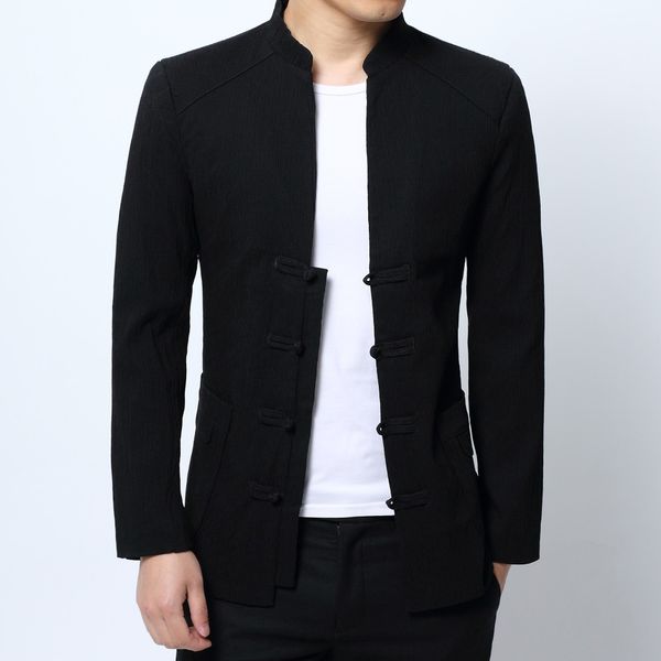 

2018 new chinese style jacket men's tang suit suit jacket buckle solid color long sleeve stand collar slim, Black;brown