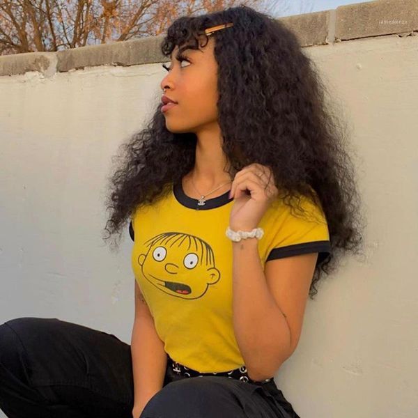 

casual t shirt crew neck cartoon t shirt womens designer crop cute print yellow crop womens, White