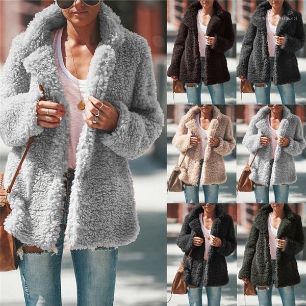 

solid color lapel neck winter female warm outerwear womens autumn desinger fashion faux fur long sleeve, Black
