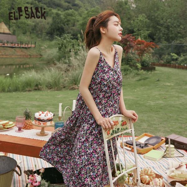 

casual dresses elfsack purple disty floral print slip dress women 2021 summer elf vintage sleeveless korean ladies holiday, Black;gray