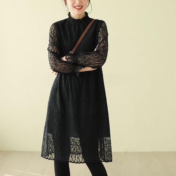 

johnature women lace embroidery dresses 2020 spring new original sweet mori girl cloths solid color patchwork cotton dresses, Black;gray