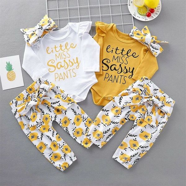 

newborn baby girl ruffle sassy romper long pants headband outfits clothes, White