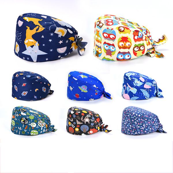 

surgical female doctor cotton printing operating room cap stomatology plus button cap icu nurse cap, Blue;gray