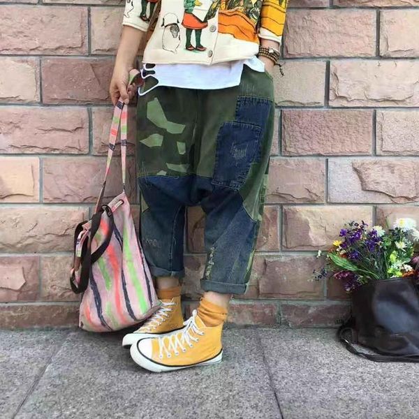 

women loose camouflage cross-pants hip hop patchwork denim pants harem jeans cowboy joggers trousers, Blue