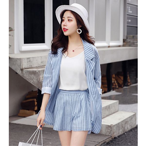 

women plus size suit simplee elegant suit striped female jacket shorts set spring summer women 3 piece sets, White