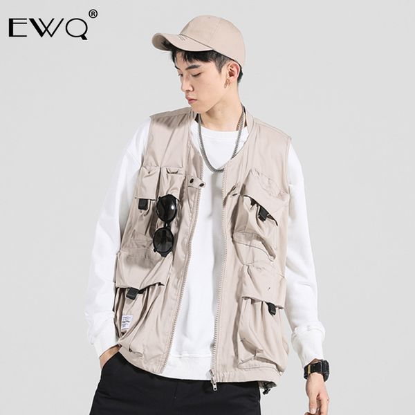 

ewq / autumn winter 2019 pockets zippers loose sleeveless solid vest man's vintage style personality coat temperament ft177, Black;brown