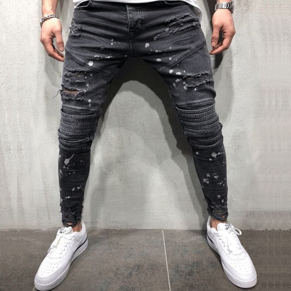 

meihuida men ripped dot printed skinny jeans destroyed frayed slim fit denim pant casual men slim hole zipper jeans pants, Black