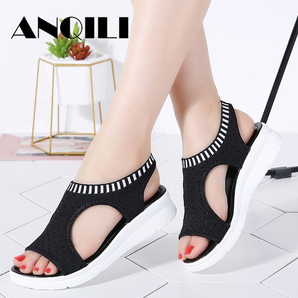 

anqili 2019 summer new women sandals breathable female shoes women wedge comfort sandals ladies flat slingback sandalias, Black