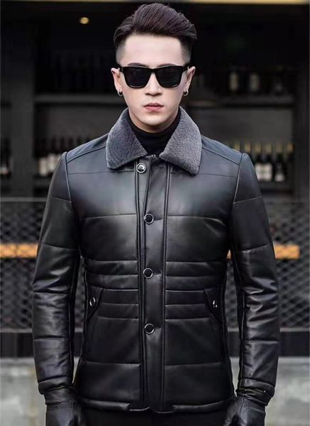 

men's genuine leather down jacket men lambskin winter warm leather coat real sheep fur collar, Black