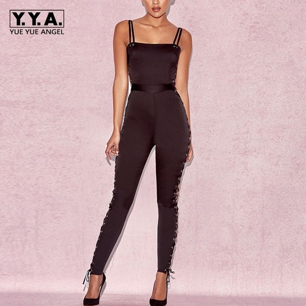 

high waist streetwear strap high-grade satin tie jumpsuit women 2020 new skinny pants lace up backless jumpsuits, Black;white