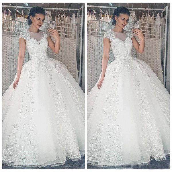 

elegant white lace appliques wedding dresses a-line short sleeves long bridal gowns robe de mariee princess plus size