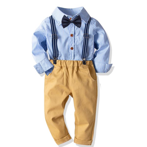 

fashion toddler boys clothing set autumn children cotton striped full sleeve shirt with bow + stretch trousers 2pc formal suit, White