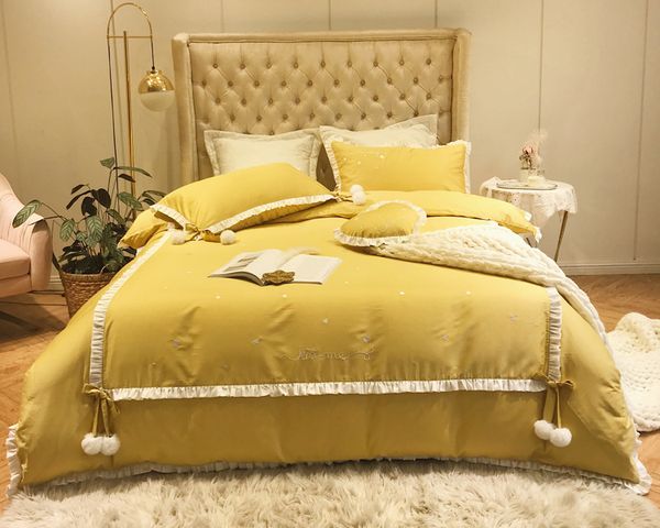 

egyptian cotton wedding girls yellow bedding set king  size 4pcs duvet cover lace pillowcases/ bed set