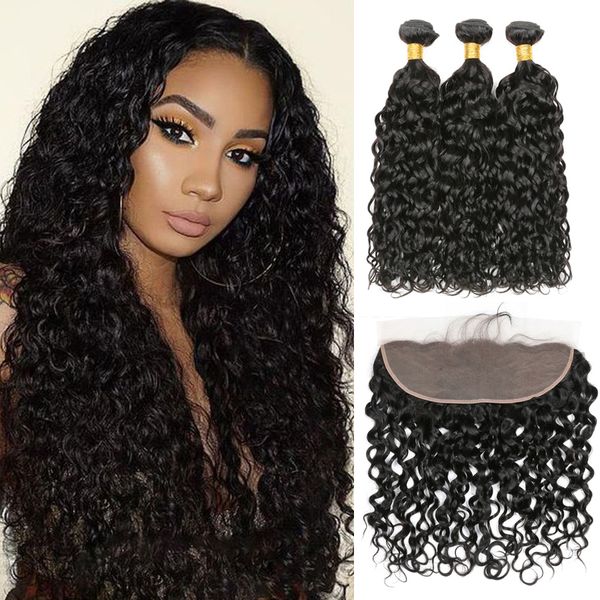 

волна воды связки с фронтальным raw virgin индийские волосы 13x4 фронтальная с связки человека 3 волос пучки с закрытие remy выдвижения воло, Black;brown