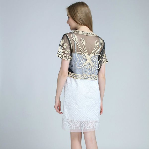 

women short sleeve lace cardigan lady-like thin summer work party embroidery looped ribbon mesh retro shrug, White;black