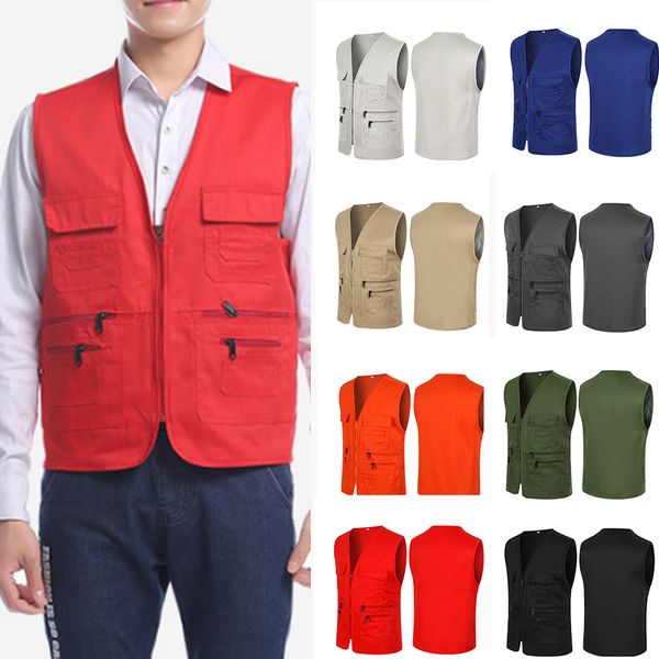 

brand mens vests multi pockets travelers fishing pgraphy sleeveless coat male worker outwear tank jackets, Black;white