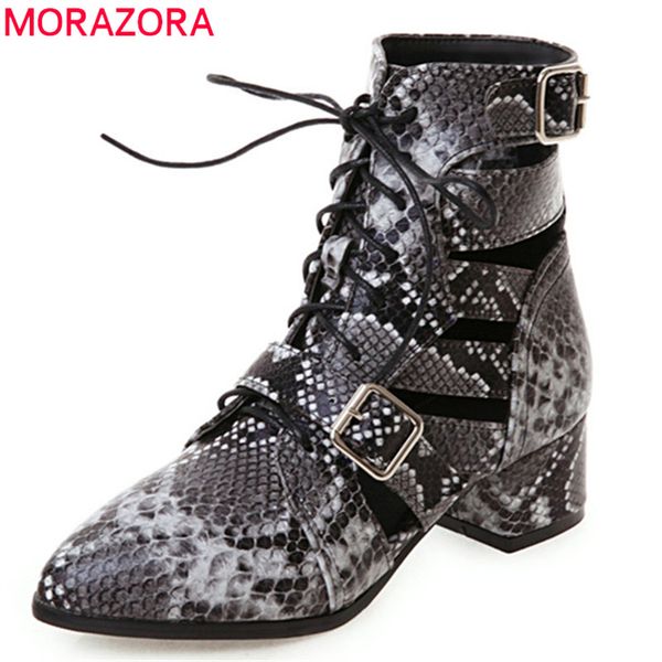 

morazora 2019 big size 46 ankle boots women pu pointed toe summer boots buckle hollow out square heels punk shoes ladies, Black