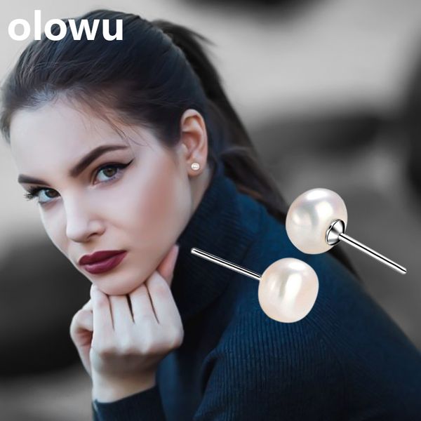 

fashion women natural freshwater pearl stud earrings s925 sterling silver oblate ear stud earring for christmas jewelry gift, Golden;silver