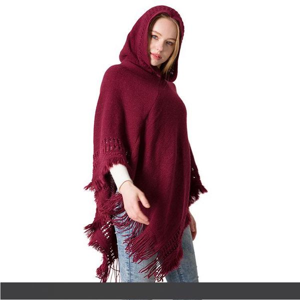 

autumn and winter new women's knitted hooded cape shawl monochrome head cloak sweater hooded big shawl, Blue;gray