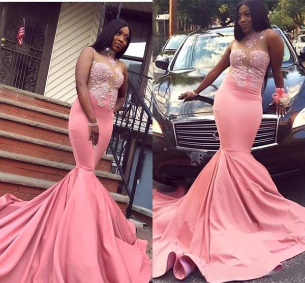 

pink mermaid prom dresses south african nigeria new sheer neck sequins appliques long evening gowns plus size vestidos, Black