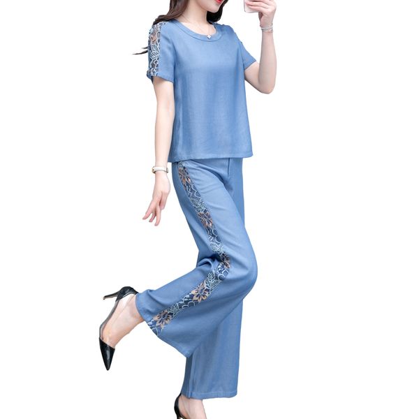 

2020 summer new fashion lace blue denim suit outfits for women pants casual slightly fat pendant-feeling wide leg two-piece suit, White