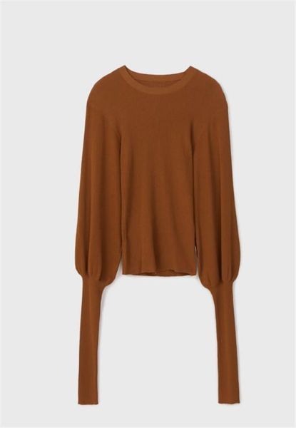 

women's long puff sleeve knit sweater o-neck solid color retro knitwear 2020 spring, White;black