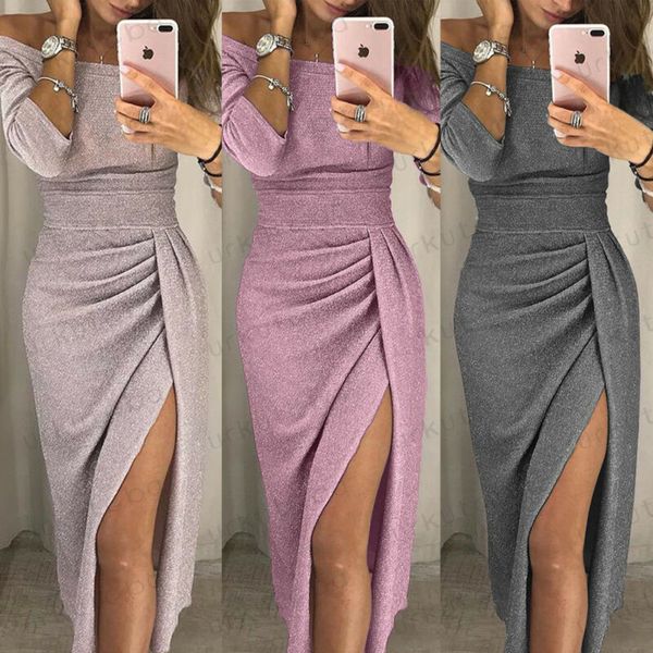 

women's off shoulder long sleeve dress slim fit solid bodycon fashion evening party club wear skinny midi dress, Black;gray