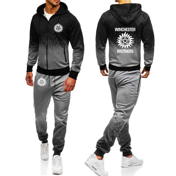 

hoodies men supernatural winchester brother print casual harajuku gradient hooded zipper jacket sweatshirt sweatpants suit 2pcsf