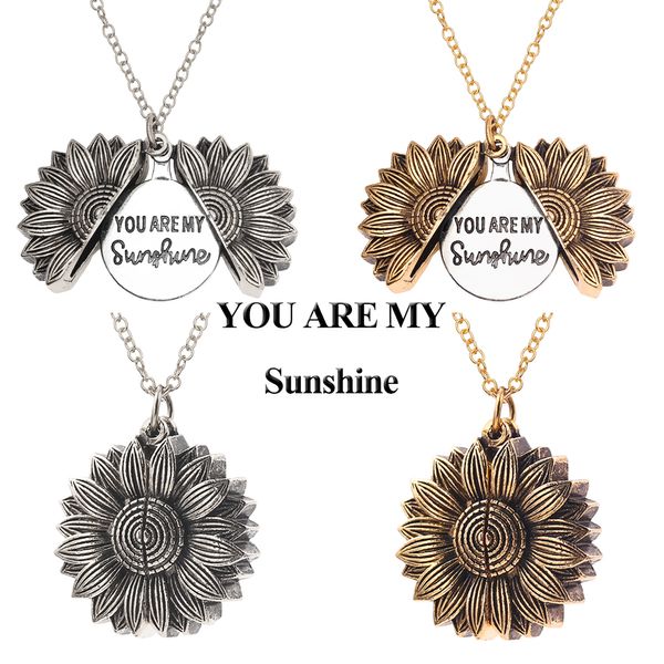 

10pics double sided bohemia custom you are my sunshine necklaces open locket sunflower pendant necklace for women gifts jewelry, Silver