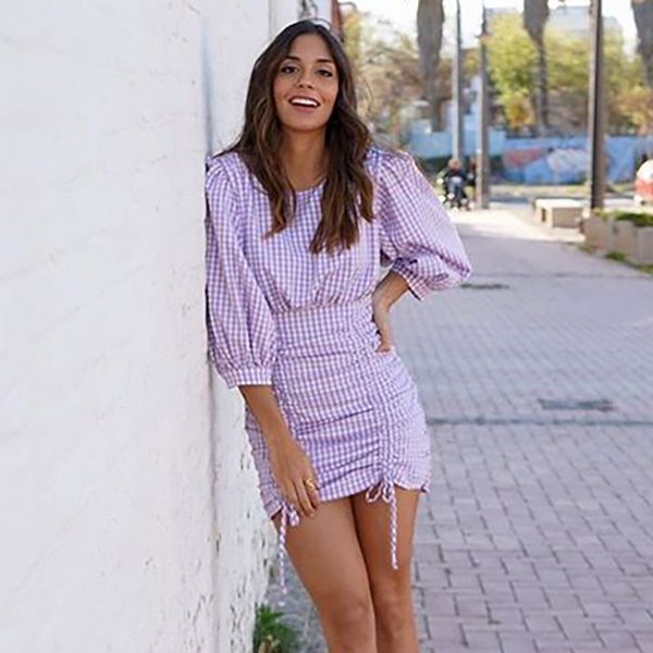 

bodycon plaid dress women lantern half sleeve fashion mini dress lady o neck sheath holiday party sundress ropa mujer, White;black