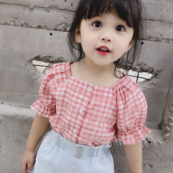 

2019 summer baby girls puff sleeve blouse children plaid square collar shirt kids girls fashion shirt girls clothes 1-7 year y200704, White;black