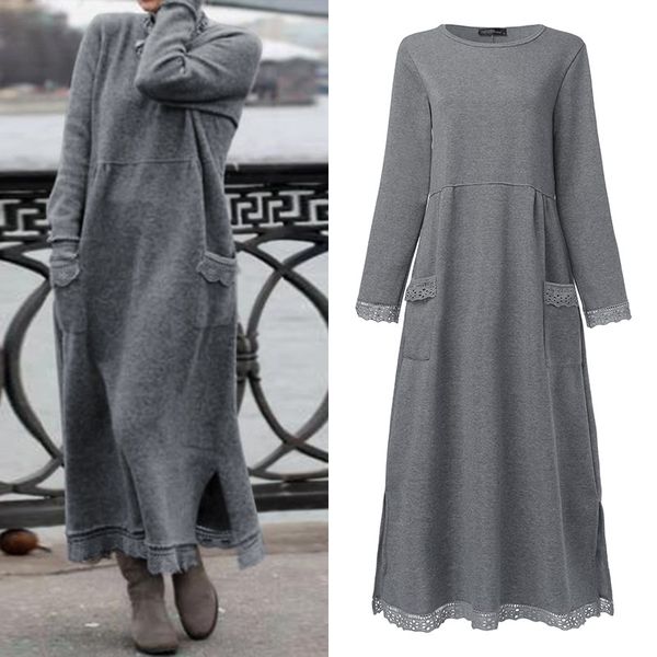 

fashion women's autumn sundress zanzea 2019 lace patchwork sweatshirts dress female hoodies plus size maxi vestidos pullover 5xl, Black;gray