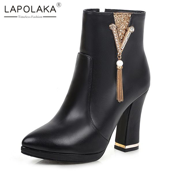 

lapolaka new arrivals 2020 chunky high heels ankle boots woman shoes zip up dropship metal decoration shoes women boots, Black