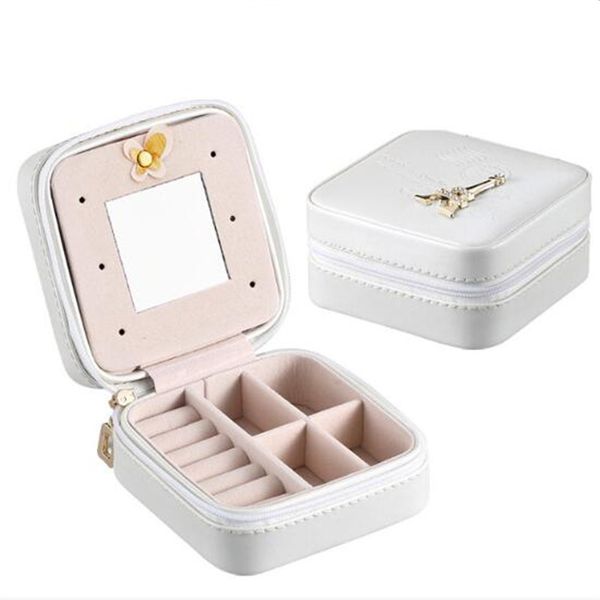 

portable jewelry box zipper jewelry organizer display travel case boxes leather storage with looking glass for girl gift, Pink;blue