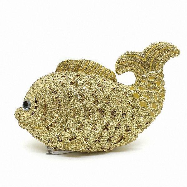 Designer-Ladies Gold Fish Forma de Cristal Evening Bag oco Out Criado casamento Bolsa da embreagem Mulheres partido diamante Mini Bolsas LI-1561