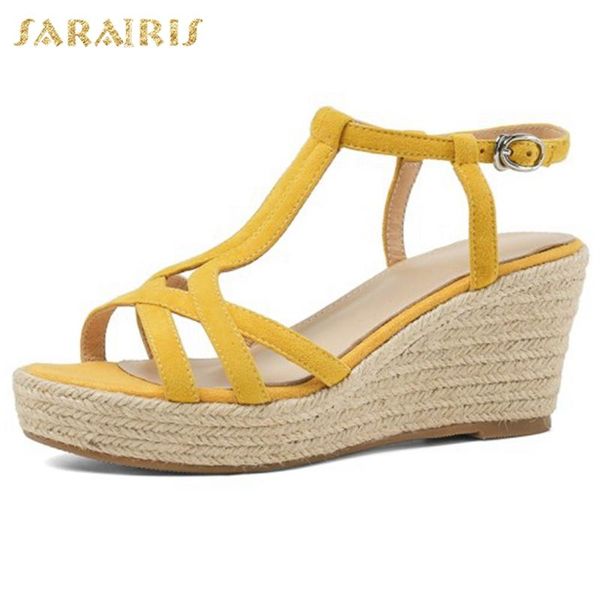

sarairis new arrivals 2020 kid suede wedge high heels summer sandals woman shoes platform buckle strap concise sandals women, Black